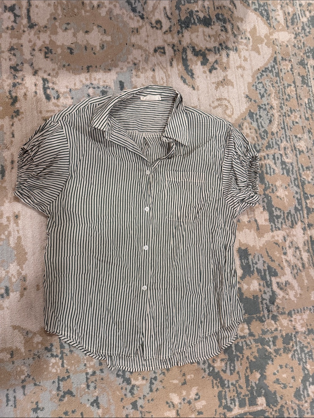 By Together Black & White Vertical-Striped Short Sleeve Button Shirt